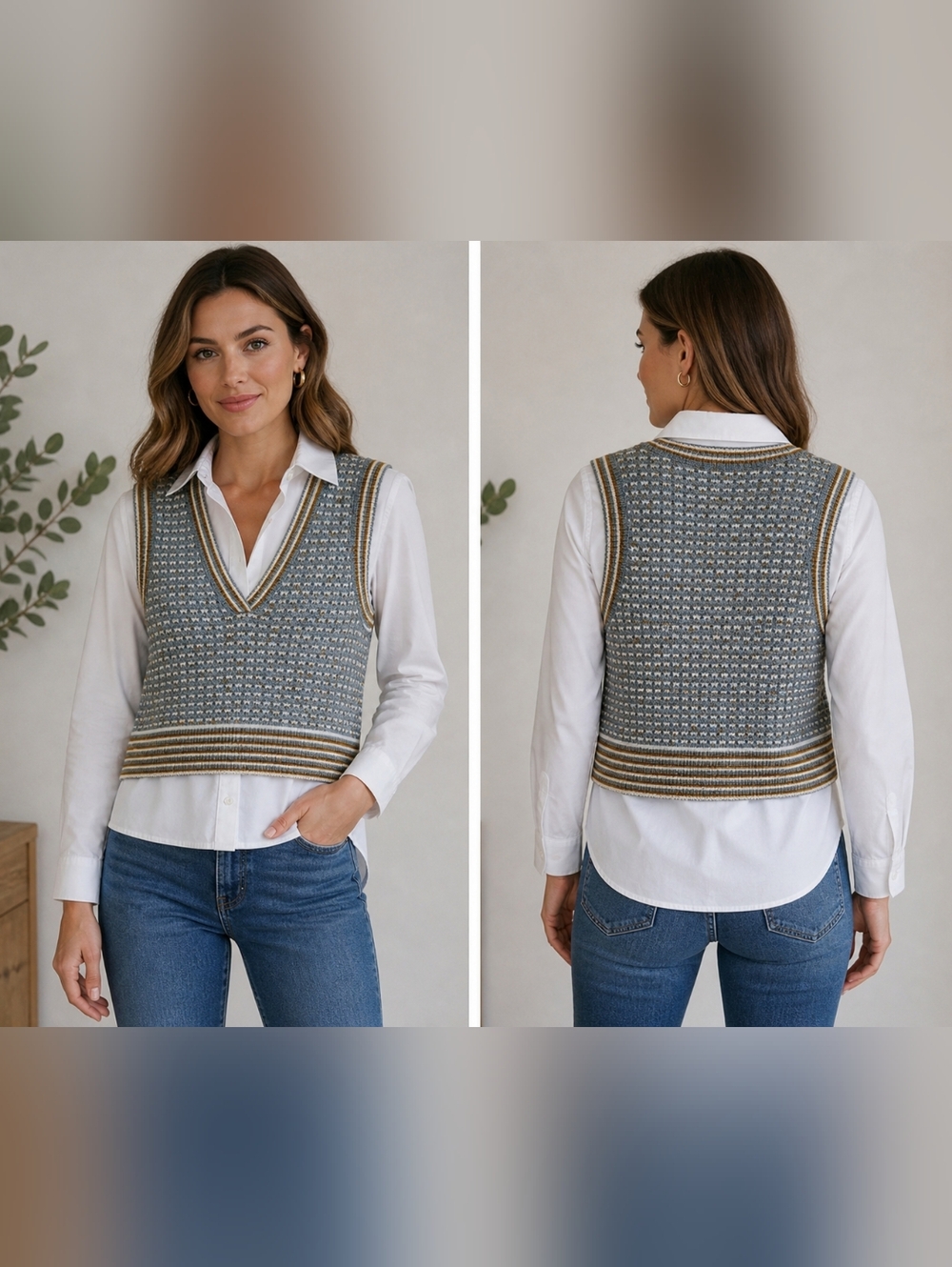 Veronica Beard Layered Sweater Vest Shirt Merino Wool Preppy XS High Low Hem